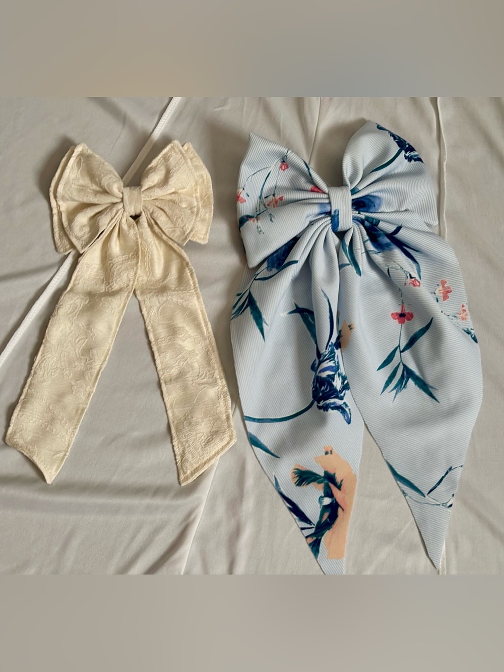 Elegant Cream Lace Bow & Blue Floral Bow Hair Clips - Set of 2